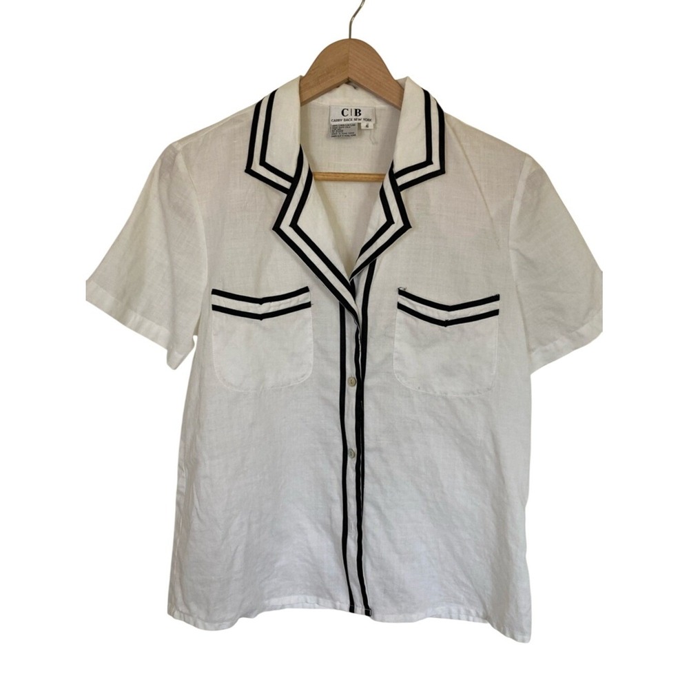 Vtg Carry Back White Short-Sleeve White Linen Shirt Size 6 Nautical Classic